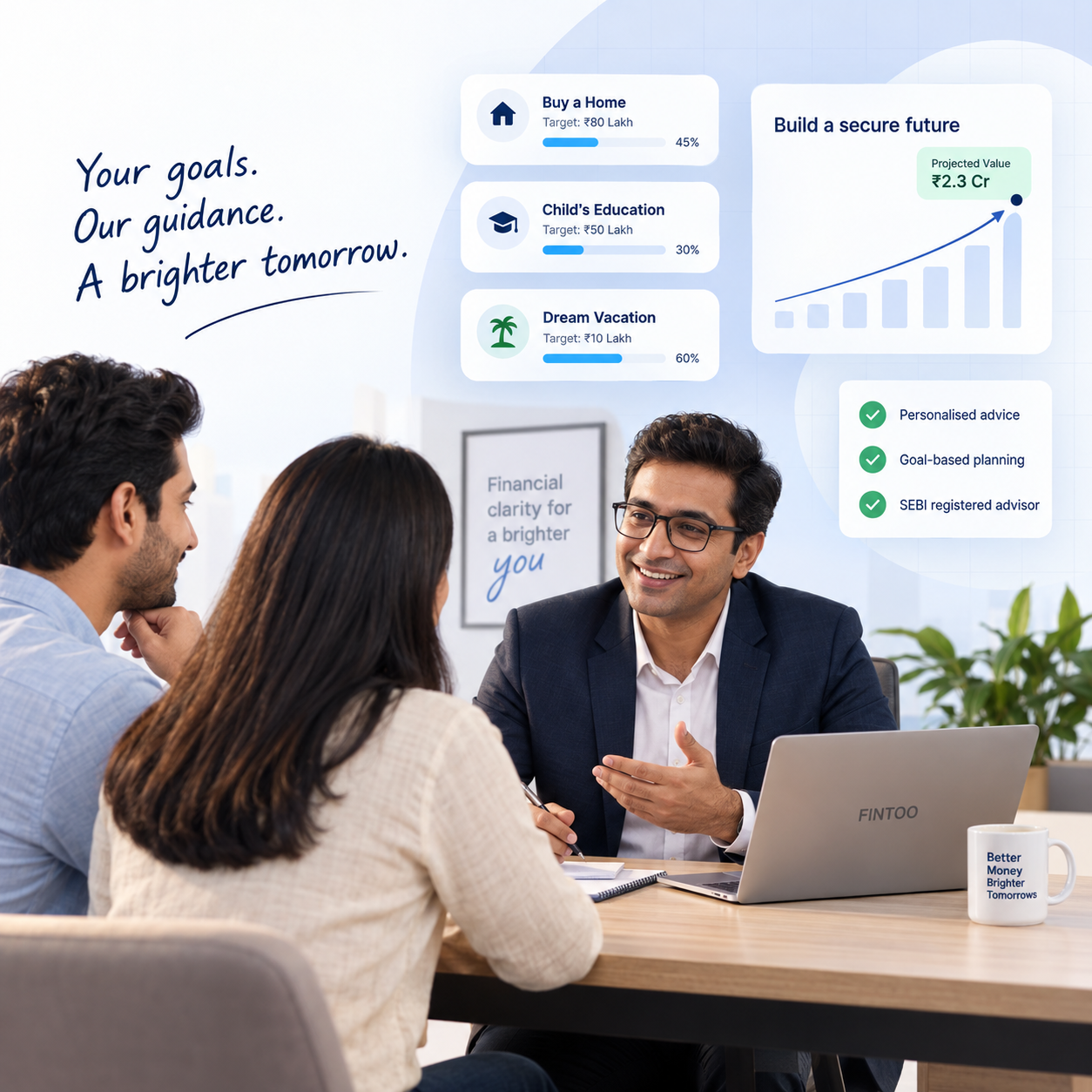 A Fintoo adviser helping a couple plan their home, child’s education and future financial goals