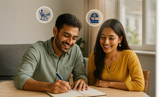 confident Indian professional smiling while working from home, modern home office setup, laptop and financial documents, warm lighting, aspirational lifestyle